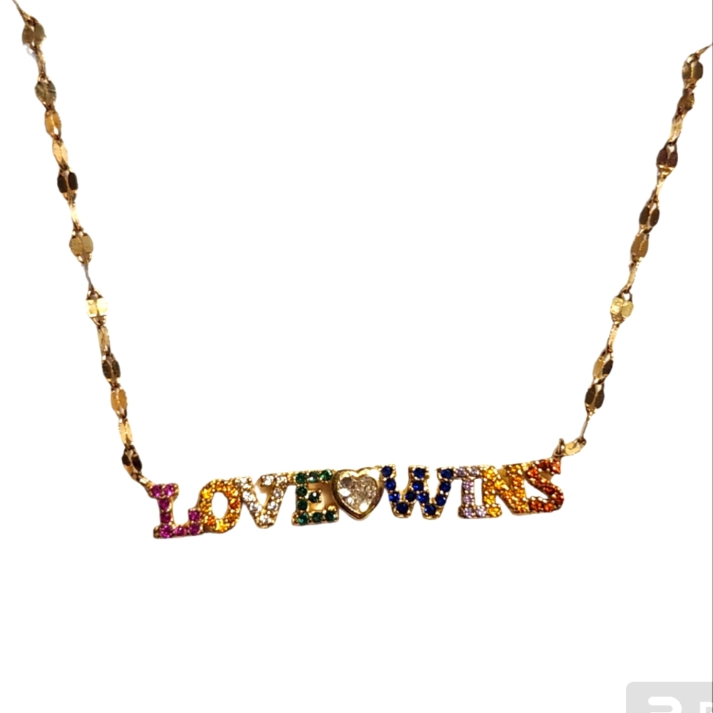 LOVE WINS Sterling Silver Plated Colorful CZ Rainbow Necklace in Gift Box NWOT